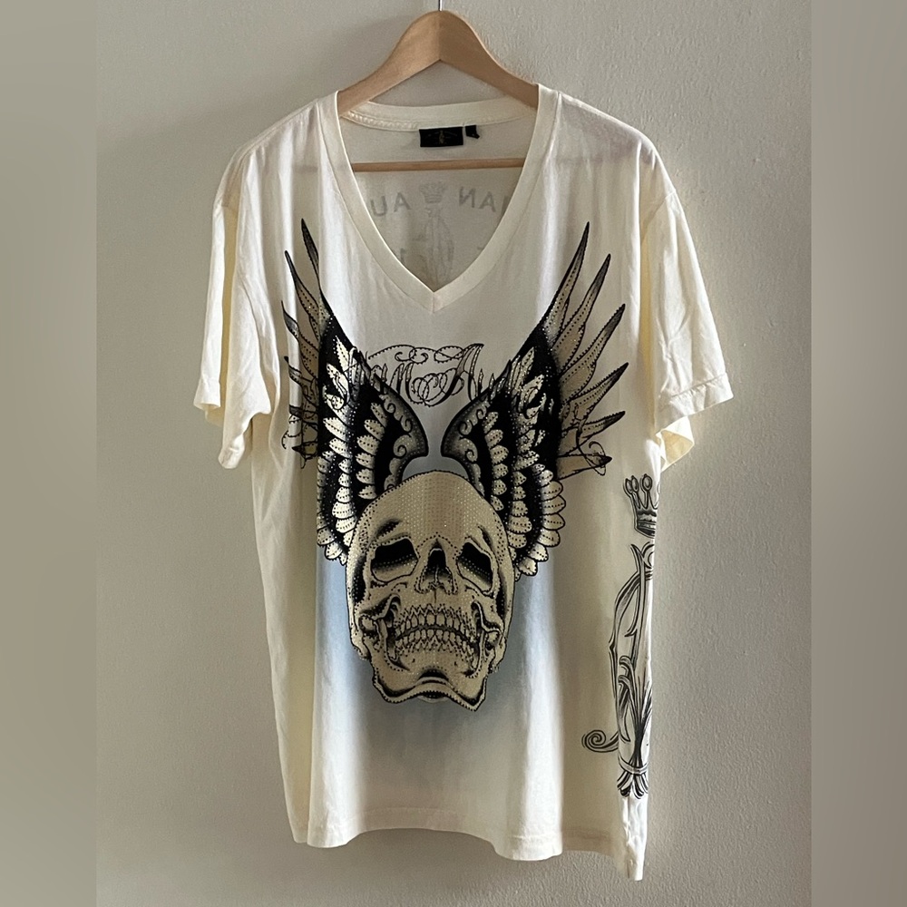 CHRISTIAN AUDIGIER men’s cream tee with rhinestones sz L